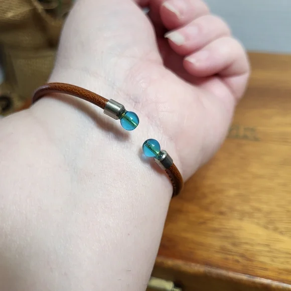 Amber and Blue Dichroic Glass Faux Leather and Rhinestone Tension Bracelet - Picture 6 of 12